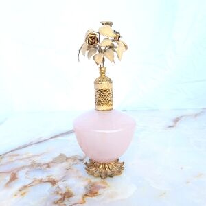 Vintage Pink Opaline Perfume Bottle w/ Brass Filigree Ornamental Cover Gold Base